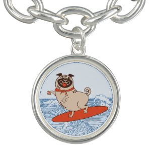 Wave riding happy pug dog on surfboard bracelet