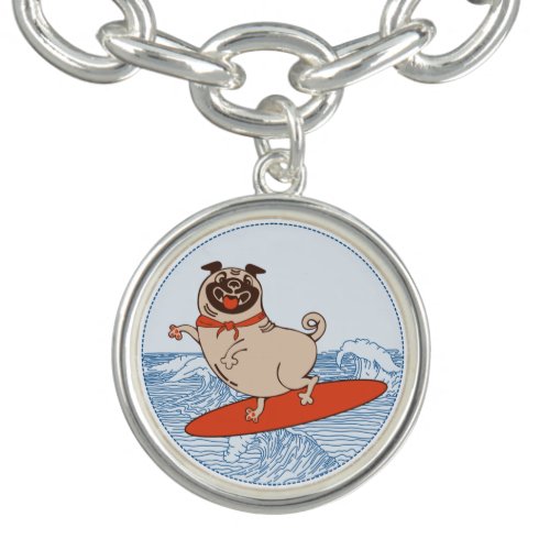 Wave riding happy pug dog on surfboard   bracelet