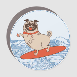 Wave riding happy pug dog on surfboard car magnet