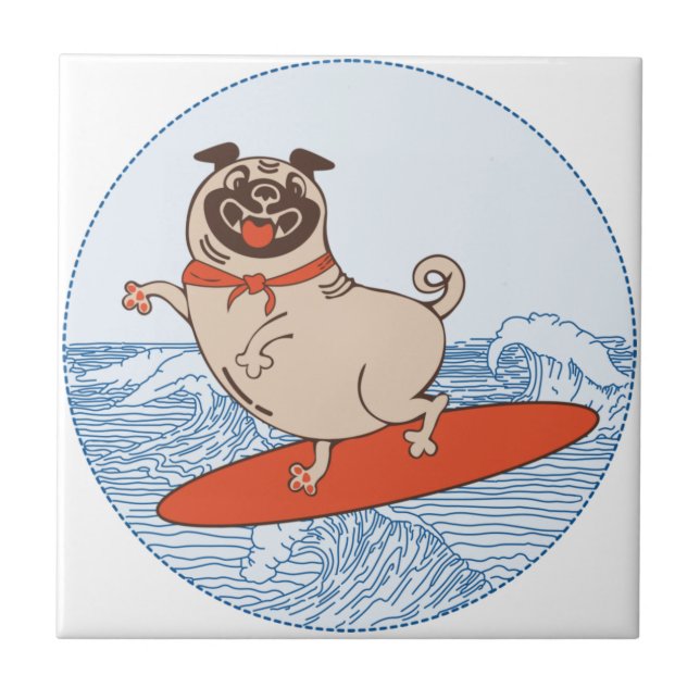Wave riding happy pug dog on surfboard   ceramic tile (Front)