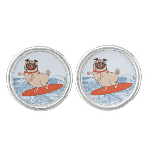 Wave riding happy pug dog on surfboard cufflinks