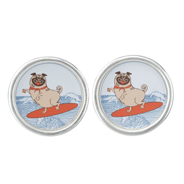 Wave riding happy pug dog on surfboard   cufflinks (Front)