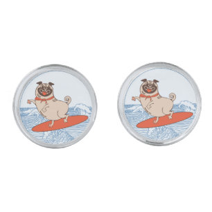 Wave riding happy pug dog on surfboard   cufflinks