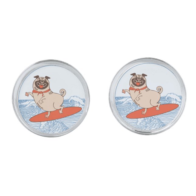 Wave riding happy pug dog on surfboard   cufflinks (Front)