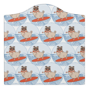 Wave riding happy pug dog on surfboard door sign