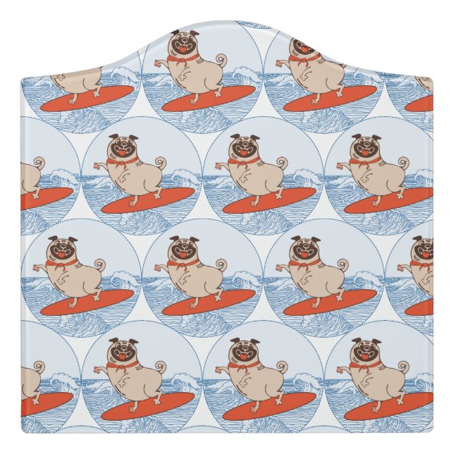 Wave riding happy pug dog on surfboard door sign (Large Crest Front)