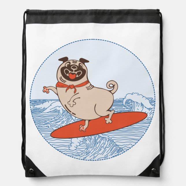Wave riding happy pug dog on surfboard  drawstring bag (Front)