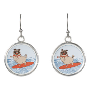 Wave riding happy pug dog on surfboard earrings