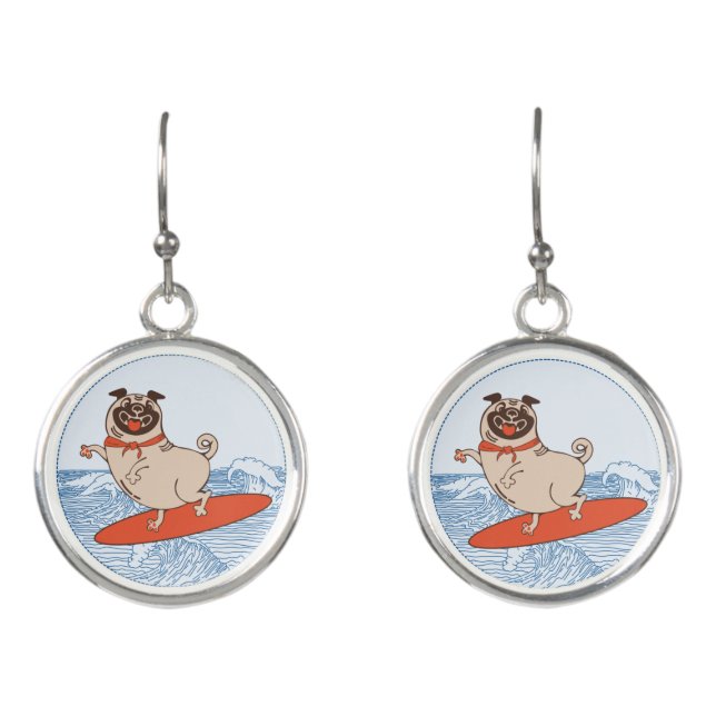 Wave riding happy pug dog on surfboard  earrings (Front)