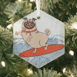 Wave riding happy pug dog on surfboard glass ornament