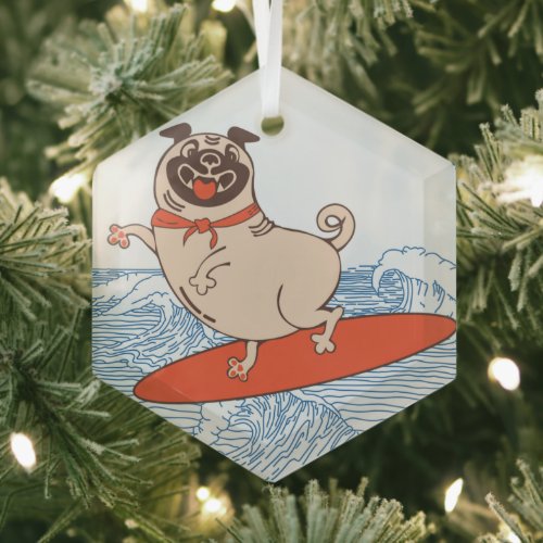 Wave riding happy pug dog on surfboard   glass ornament