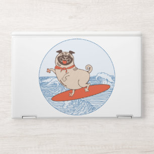 Wave riding happy pug dog on surfboard HP laptop skin