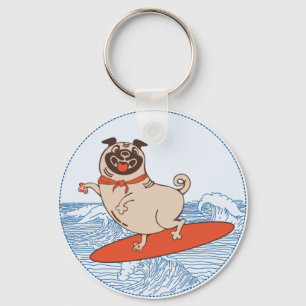 Wave riding happy pug dog on surfboard  keychain