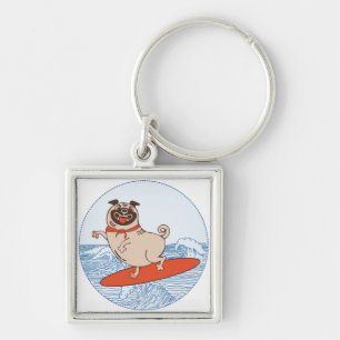 Wave riding happy pug dog on surfboard    keychain