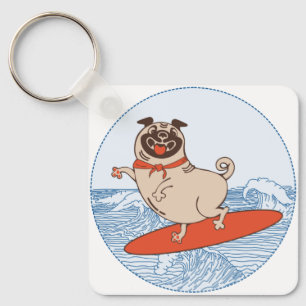 Wave riding happy pug dog on surfboard keychain