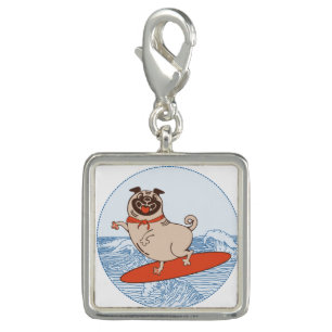 Wave riding happy pug dog on surfboard  keychain charm