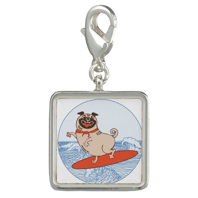 Wave riding happy pug dog on surfboard  keychain charm (Front)