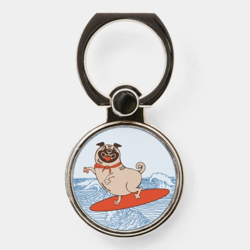 Wave riding happy pug dog on surfboard  keychain phone ring stand