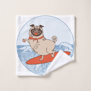 Wave riding happy pug dog on surfboard  keychain wash cloth