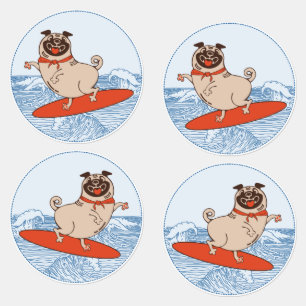 Wave riding happy pug dog on surfboard  labels