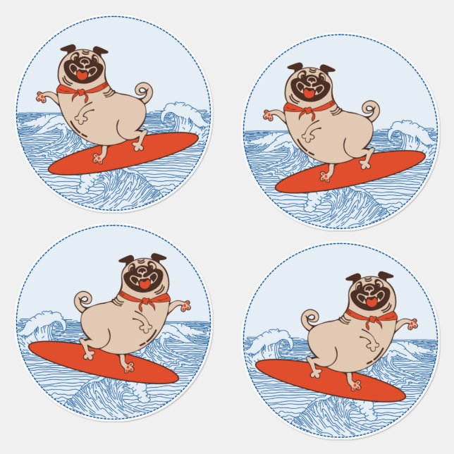 Wave riding happy pug dog on surfboard  labels (Group)