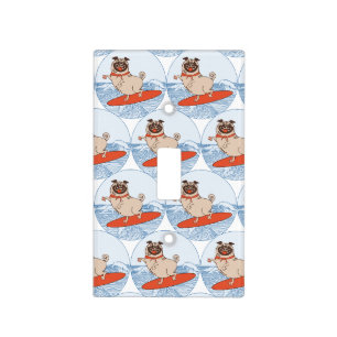 Wave riding happy pug dog on surfboard light switch cover