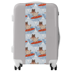 Wave riding happy pug dog on surfboard luggage