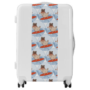 Wave riding happy pug dog on surfboard luggage