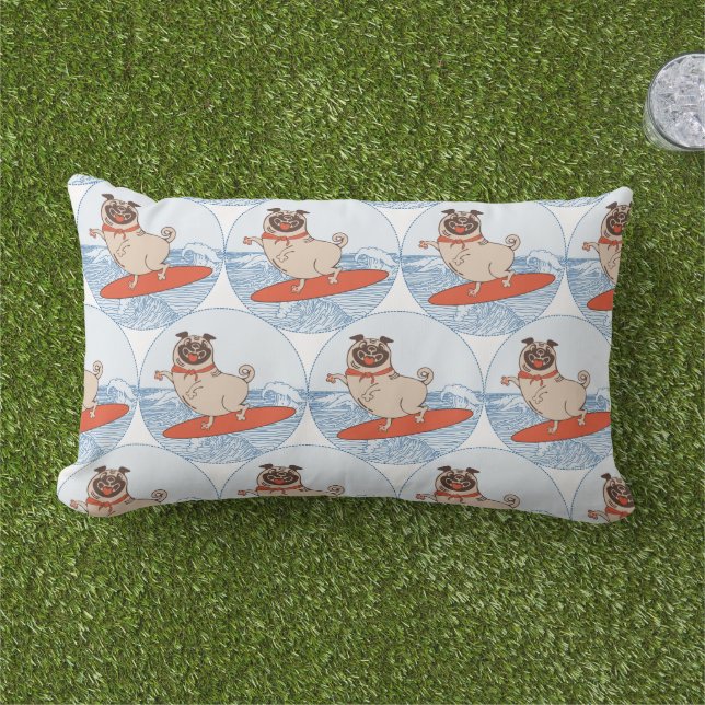 Wave riding happy pug dog on surfboard  lumbar pil lumbar pillow (Grass)