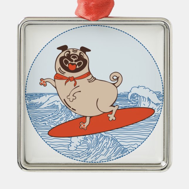 Wave riding happy pug dog on surfboard   metal ornament (Front)