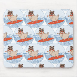 Wave riding happy pug dog on surfboard  mouse pad