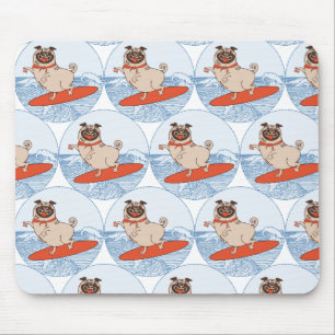 Wave riding happy pug dog on surfboard mouse pad