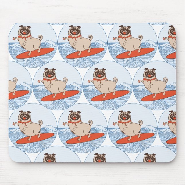 Wave riding happy pug dog on surfboard  mouse pad (Front)