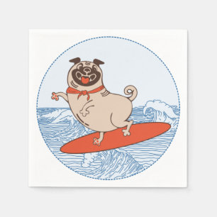 Wave riding happy pug dog on surfboard napkins