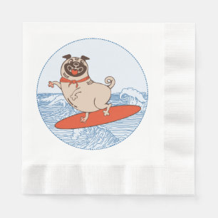 Wave riding happy pug dog on surfboard napkins