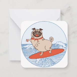 Wave riding happy pug dog on surfboard note card