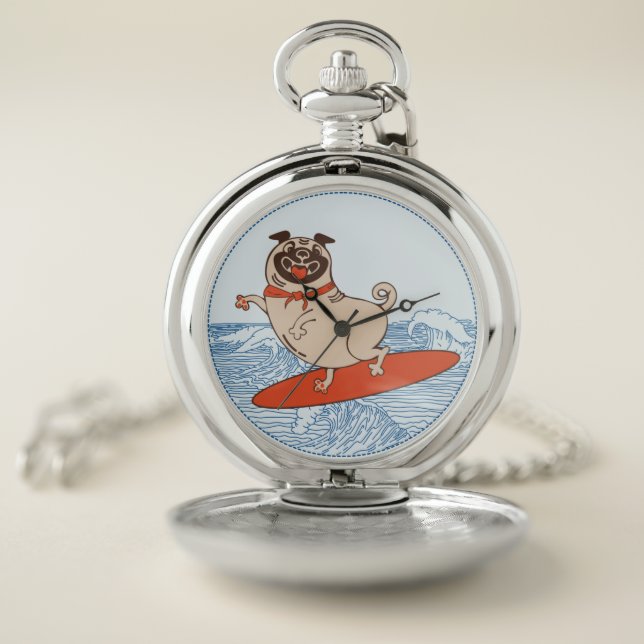 Wave riding happy pug dog on surfboard   pocket watch (Inside)