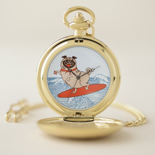 Wave riding happy pug dog on surfboard  pocket watch (Inside)