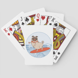 Wave riding happy pug dog on surfboard  poker cards