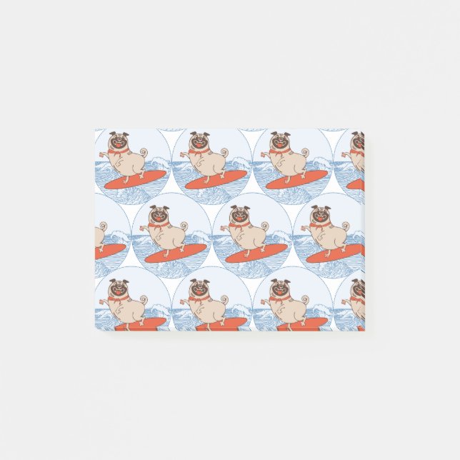 Wave riding happy pug dog on surfboard  post-it notes (Front)