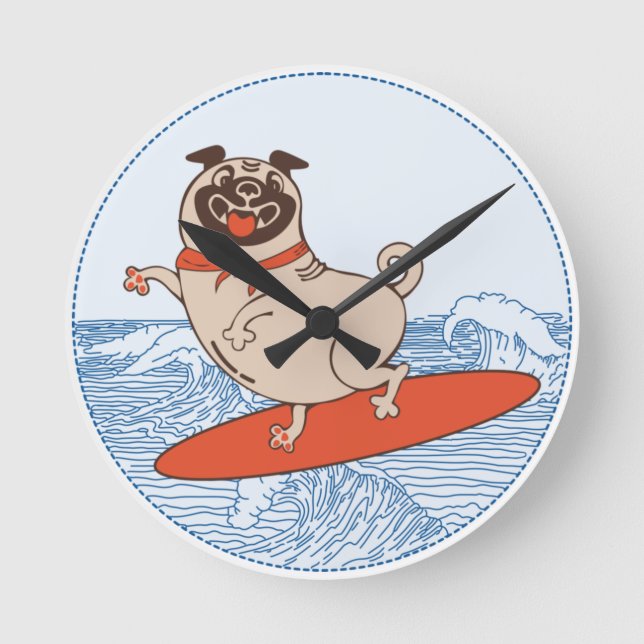 Wave riding happy pug dog on surfboard   round clock (Front)