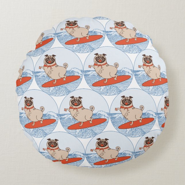 Wave riding happy pug dog on surfboard round pillow (Front)