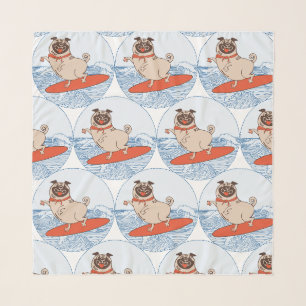 Wave riding happy pug dog on surfboard scarf