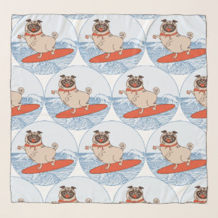 Wave riding happy pug dog on surfboard scarf