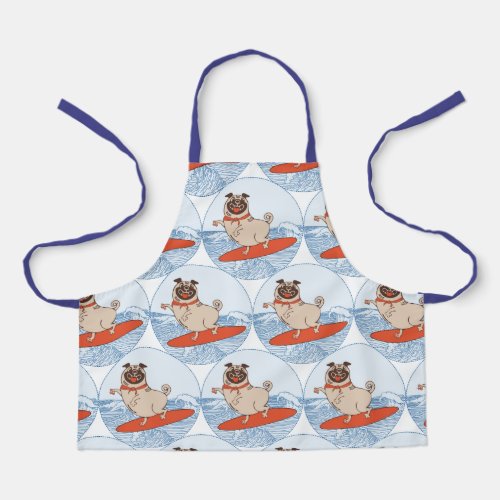 Wave riding happy pug dog on surfboard  scarf band apron