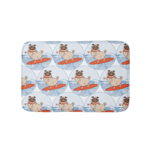 Wave riding happy pug dog on surfboard  scarf band bath mat