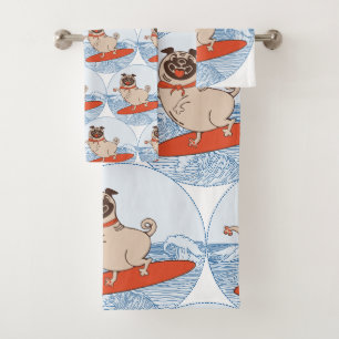 Wave riding happy pug dog on surfboard scarf band bath towel set