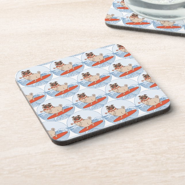 Wave riding happy pug dog on surfboard  scarf band beverage coaster (Left Side)