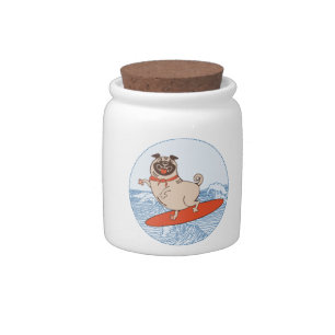 Wave riding happy pug dog on surfboard  scarf band candy jar