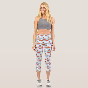 Wave riding happy pug dog on surfboard scarf band capri leggings